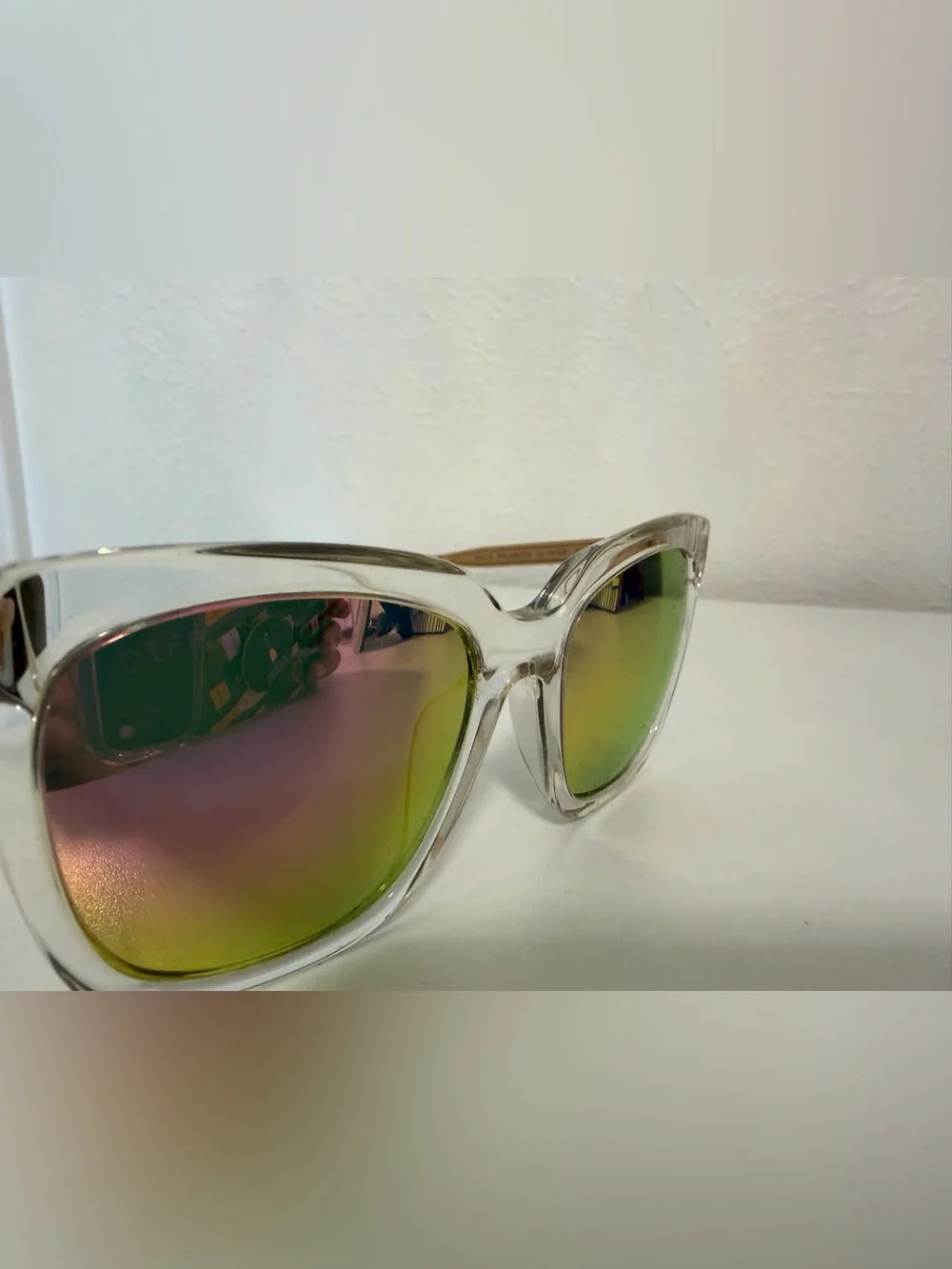 Diff Eyewear Clear Frame Sunglasses with Pink-Gold Mirrored Lenses